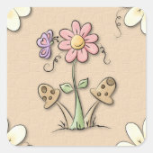 Roze bloem en paddenstoelen vierkante sticker (Voorkant)