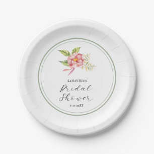 Roze bloem- en saliegroene bruidsshower papieren bordje