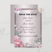 Roze Bloem- en Vlinder Save The Date Kaart (Voorkant / Achterkant)