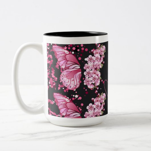 Roze Bloem en Vlinders Keramische Mok (Links)