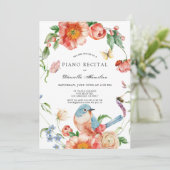 Roze bloem- en vogelpianorecital wit kaart (Staand voorkant)
