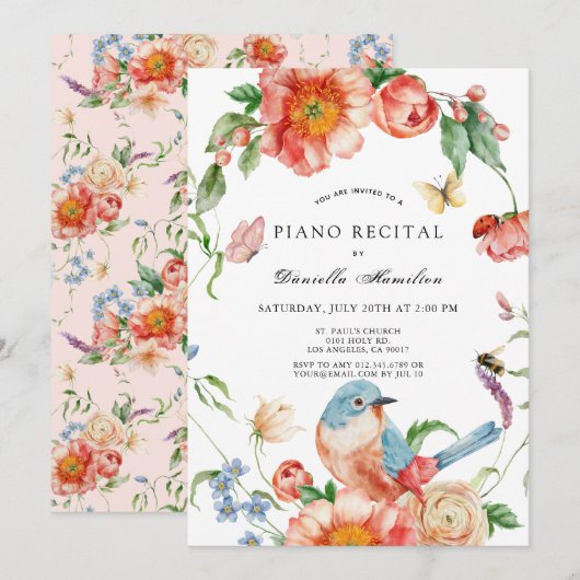 Roze bloem- en vogelpianorecital wit kaart (Voorkant / Achterkant)