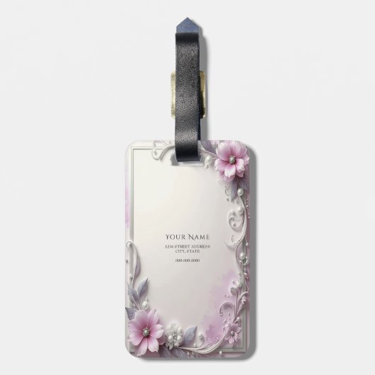 Roze bloem frame bagagelabel (Achterkant verticaal)