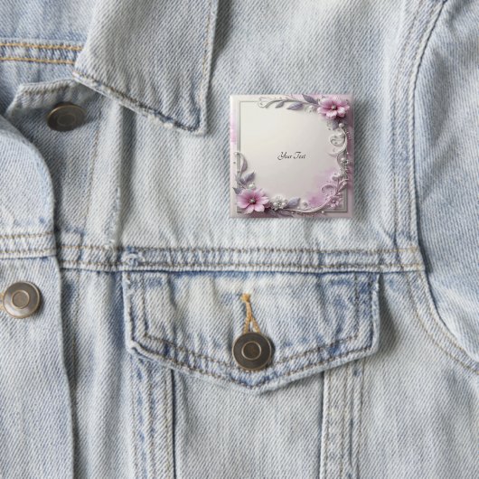 Roze bloem frame knop vierkante button 5,1 cm (In situ)