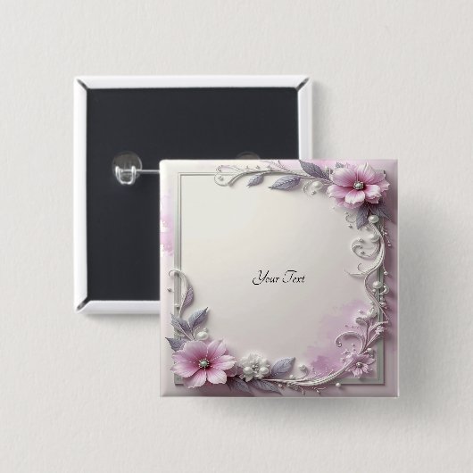 Roze bloem frame knop vierkante button 5,1 cm (Voorkant /achterkant)