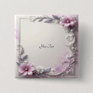 Roze bloem frame knop vierkante button 5,1 cm