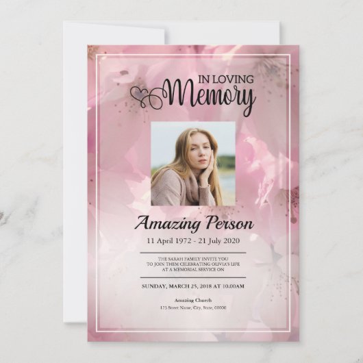 Roze bloem Funerale orde van dienst Uitnodiging (Voorkant)