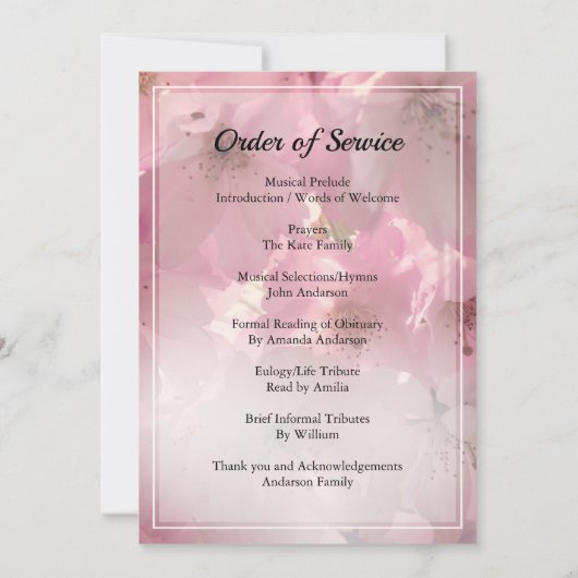 Roze bloem Funerale orde van dienst Uitnodiging (Achterkant)