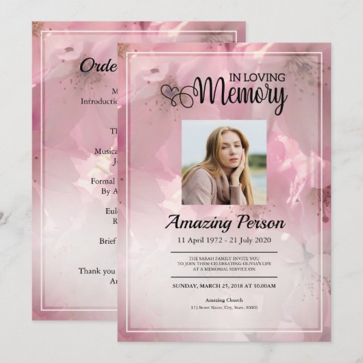 Roze bloem Funerale orde van dienst Uitnodiging (Voorkant / Achterkant)