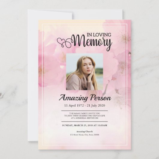 Roze bloem Funerale orde van dienst Uitnodiging (Voorkant)