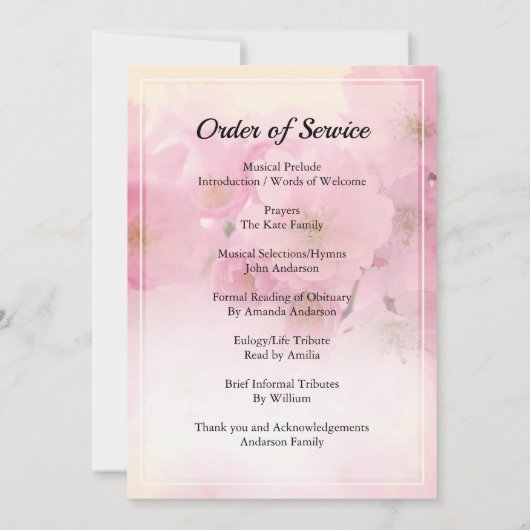 Roze bloem Funerale orde van dienst Uitnodiging (Achterkant)