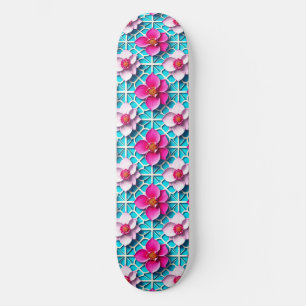 🌸 Roze Bloem Geo Blauwe Moderne Kunst Skate Stijl Persoonlijk Skateboard