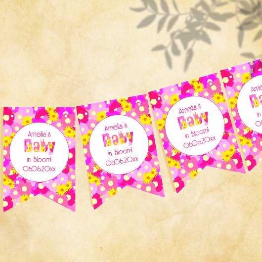  roze bloem gepersonaliseerd Baby shower Vlaggetjes