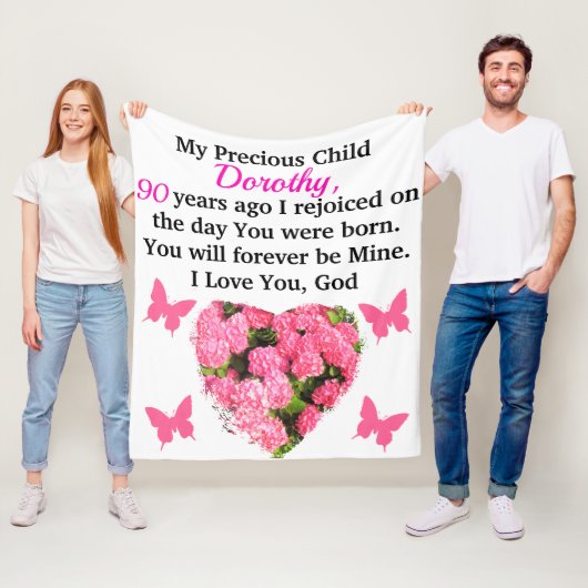  ROZE BLOEM GEPERSONALISEERDE 90E VERJAARDAG FLEECE DEKEN (In situ)