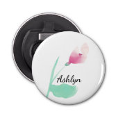Roze bloem gepersonaliseerde naam button flesopener (Voorkant)