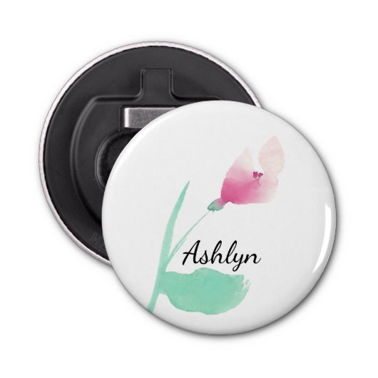 Roze bloem gepersonaliseerde naam button flesopener (Voorkant)