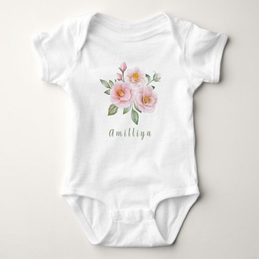 Roze Bloem Gepersonaliseerde Naam Cute Morden Romper (Voorkant)