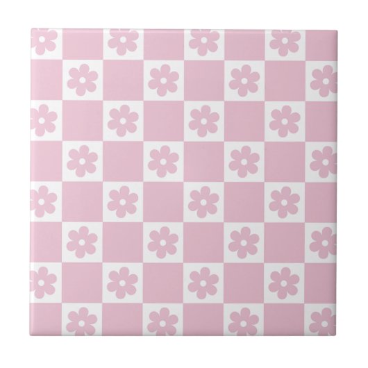 Roze bloem geruit patroon tegeltje (Voorkant)