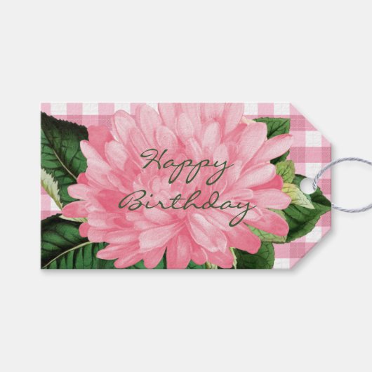 Roze Bloem & Gingham Patroon Gift Tag Cadeaulabel (Voorkant (Horizontaal))