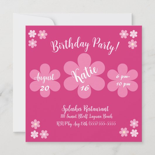 Roze Bloem Glam-Verjaardagsfeest- Uitnodiging (Voorkant)
