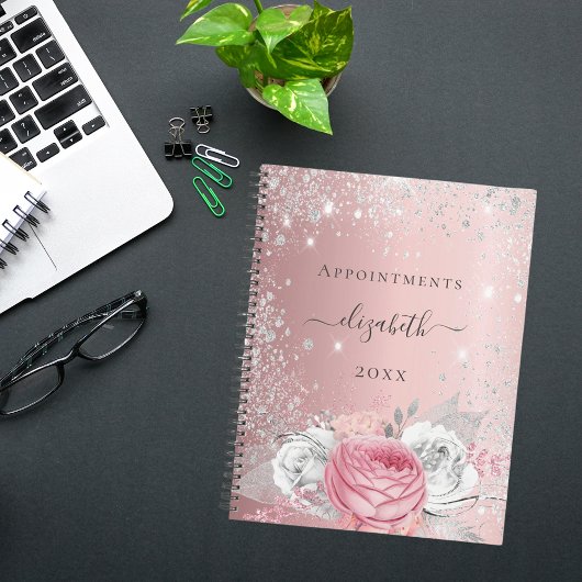 Roze bloem glans zilver naam script 2027 planner
