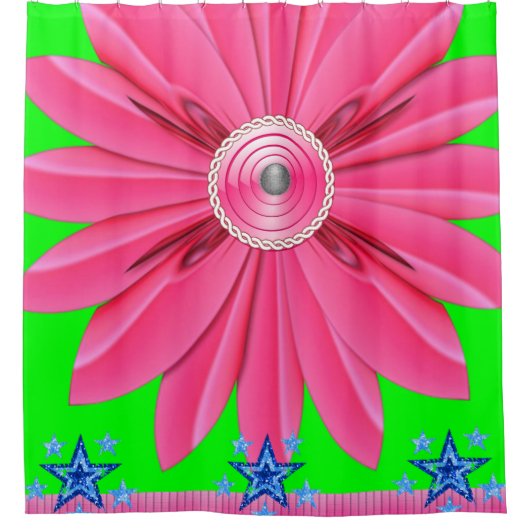 roze bloem gordijn blauwe sterren (Voorkant)