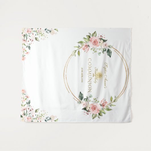 Roze bloem goud Eerste Heilige Communie Foto Requi Wandkleed (Voorkant (horizontaal))