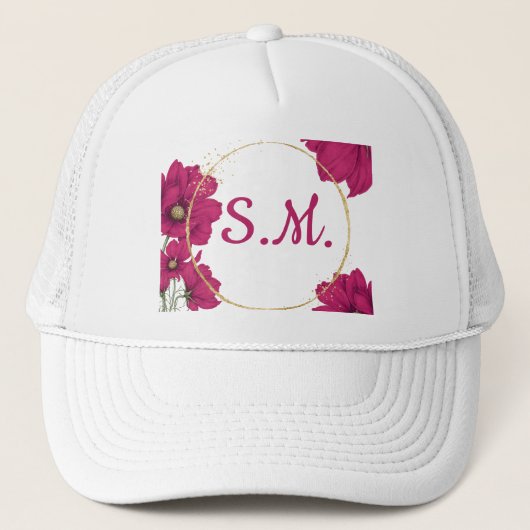 Roze Bloem Gouden Cirkel Hoed Trucker Pet (Voorkant)