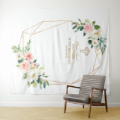 Roze Bloem Gouden Frame 1e Verjaardag Doop Uitnodi Wandkleed (In Situ (horizontaal))