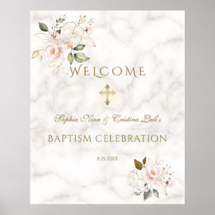 Roze Bloem Gouden Frame Doop Welkom Bord Poster