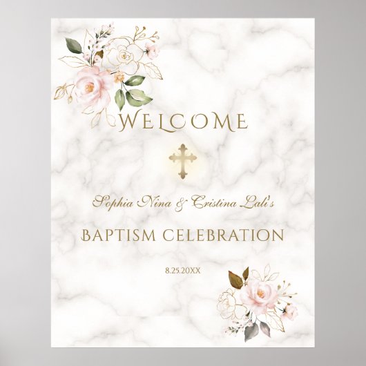 Roze Bloem Gouden Frame Doop Welkom Bord Poster (Voorkant)