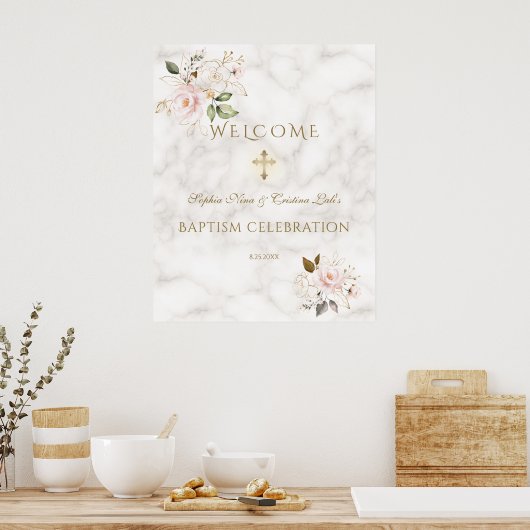 Roze Bloem Gouden Frame Doop Welkom Bord Poster (Keuken)