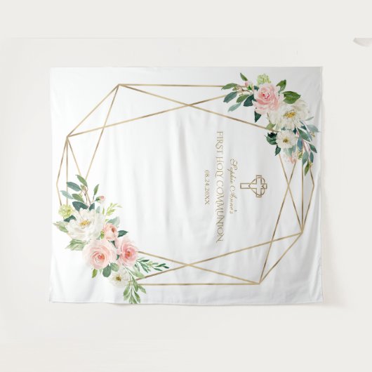 Roze Bloem Gouden Frame Heilige Communie Achtergro Wandkleed (Voorkant (horizontaal))