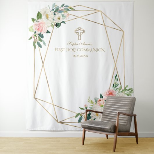 Roze Bloem Gouden Frame Heilige Communie Achtergro Wandkleed (In situ)