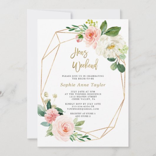 Roze Bloem Gouden Frame Meidenavond Kaart (Voorkant)