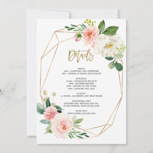 Roze Bloem Gouden Frame Meidenavond Kaart (Achterkant)