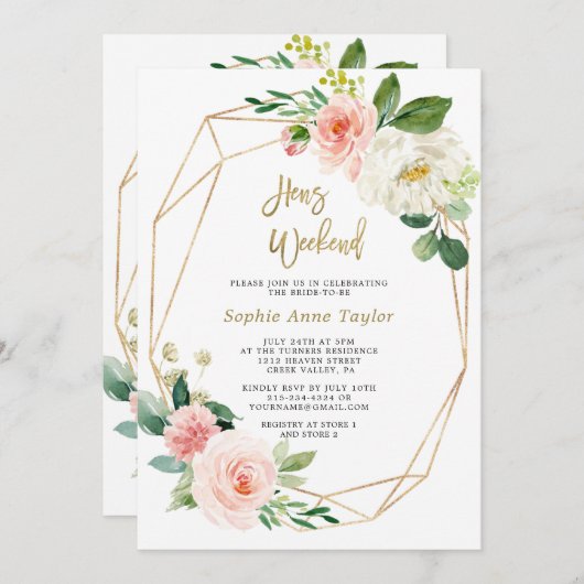 Roze Bloem Gouden Frame Meidenavond Kaart (Voorkant / Achterkant)