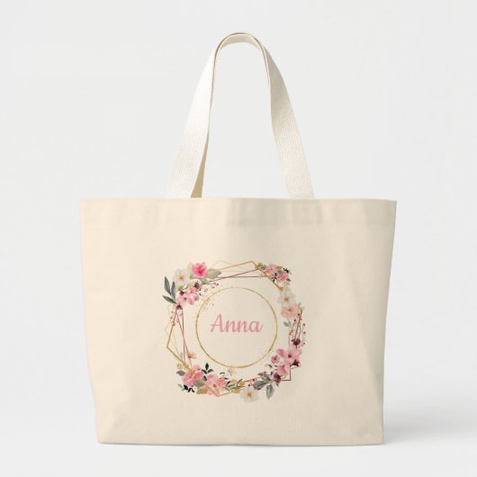Roze Bloem Gouden Geometrische Tote Tas (Voorkant)