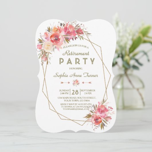 Roze bloem gouden glitter lijst pensioenfeest kaart (Staand voorkant)