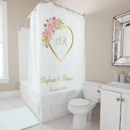 Roze Bloem Gouden Hart Monogram Logo Trouwcadeau Douchegordijn