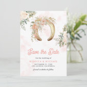 Roze Bloem Gouden Hoefijzer Trouw Save The Date (Staand voorkant)