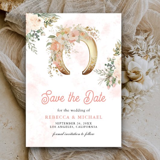 Roze Bloem Gouden Hoefijzer Trouw Save The Date