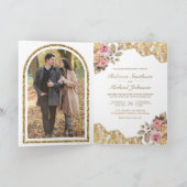 Roze Bloem Gouden Kant QR Code Foto Bruiloft (Binnen)