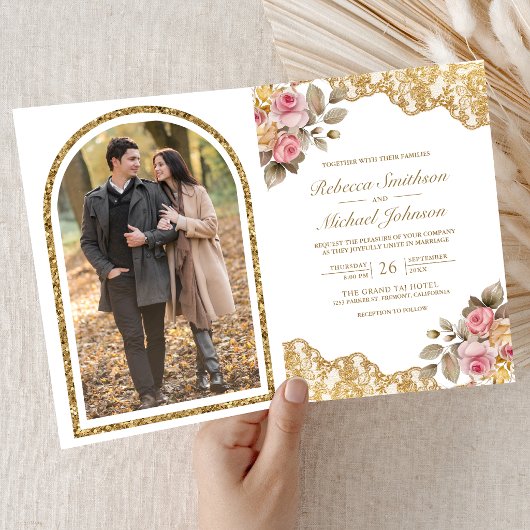 Roze Bloem Gouden Kant QR Code Foto Bruiloft