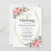 Roze Bloem Gouden Kruis Doop Doopfeest Meisje Kaart (Voorkant)