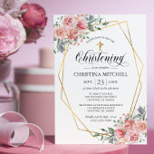 Roze Bloem Gouden Kruis Doop Doopfeest Meisje Kaart