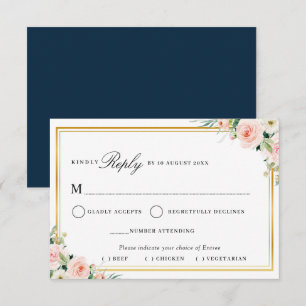 roze bloem gouden lijst maaltijd keuze RSVP kaart