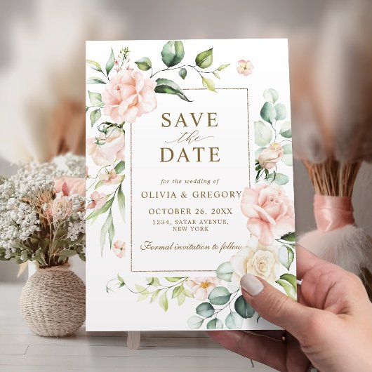 Roze Bloem Gouden Lijst Save The Date