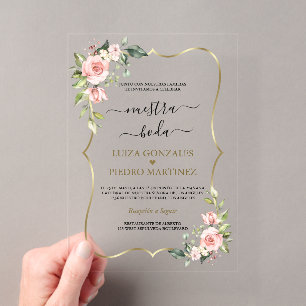 Roze Bloem Gouden Spaanse Calligrafie Nuestra Boda Acryl Uitnodigingen
