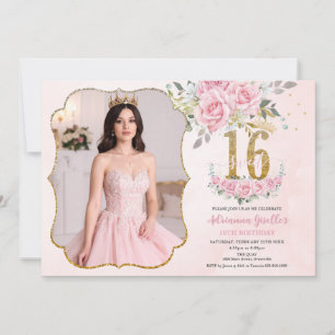 Roze bloem gouden Sweet Sixteen 16e verjaardagsfot Kaart